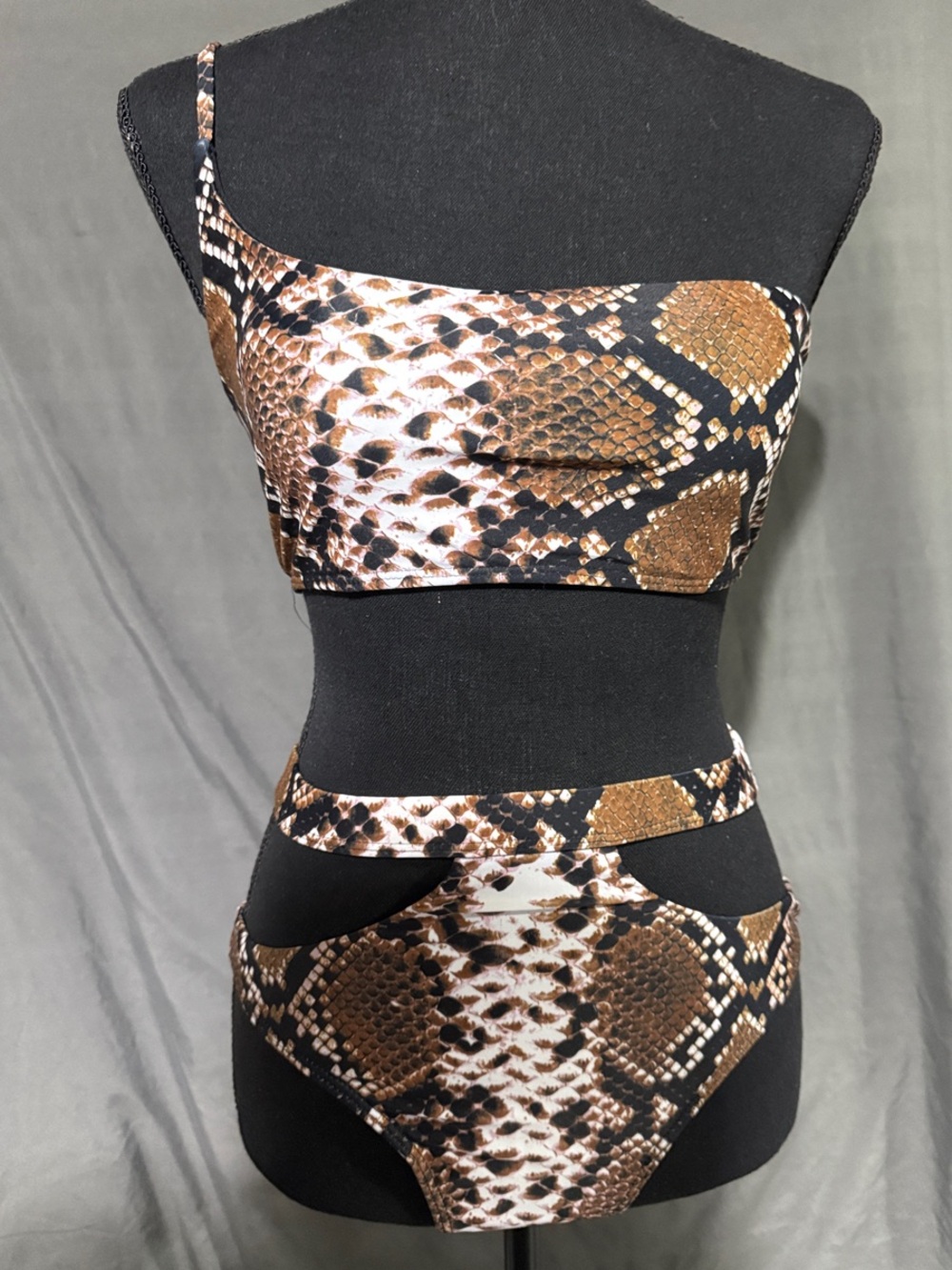 Snake-Print One-Shoulder Bikini Set in Brown